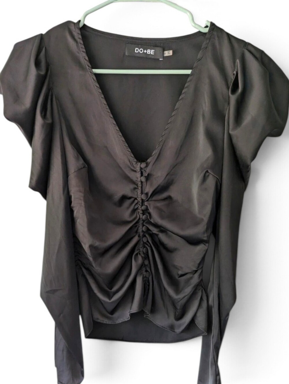DO+BE Black Stretch Satin Ruched Button Front Puff Shoulder Blouse S